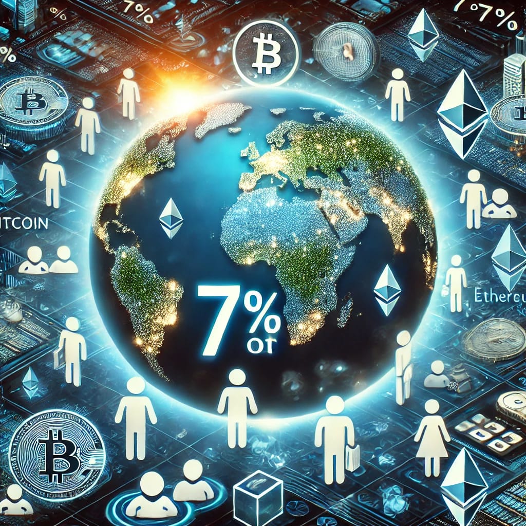 The 7% Crypto Ownership Claim: Fact or Myth? DALL·E 2025 01 27 14.22.26 A Visual Representation Of 7 Of The Earths Population Owning Cryptocurrencies. The Image Shows A World Map With Glowing Digital Nodes And Bitcoin E