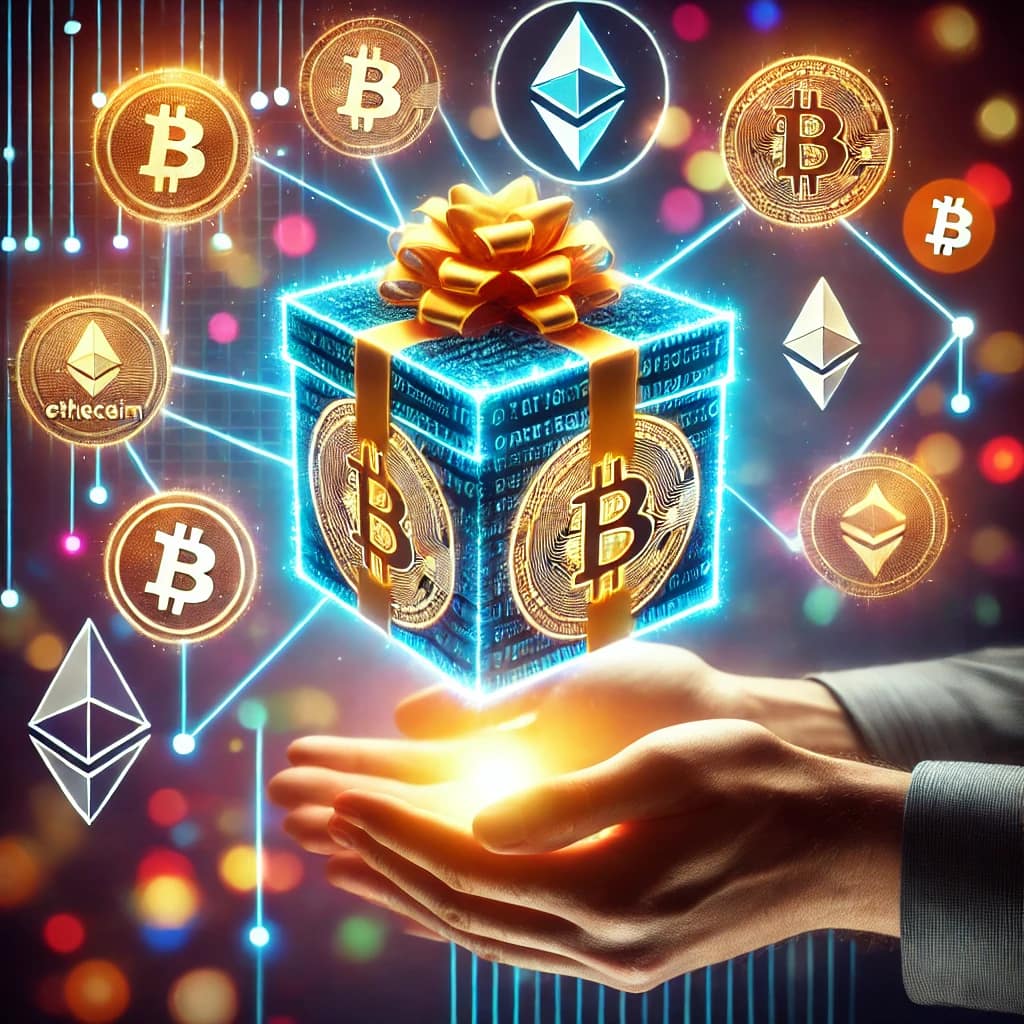 DALL·E 2025 01 27 16.13.33 A Visually Appealing Image Representing The Concept Of Giving A Cryptocurrency Gift. The Design Features A Glowing Digital Gift Box With A Bitcoin Sym