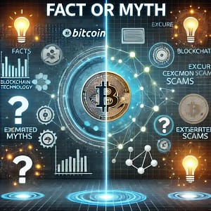 DALL·E 2025 01 27 14.23.50 A Visually Engaging Image Representing The Concept Of Fact Or Myth Around Cryptocurrencies. The Design Features A Split Screen With One Side Showin 300x300